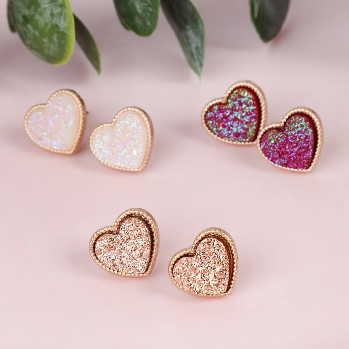 B4e2549 - Heart Shape Faux Druzy Post Earrings