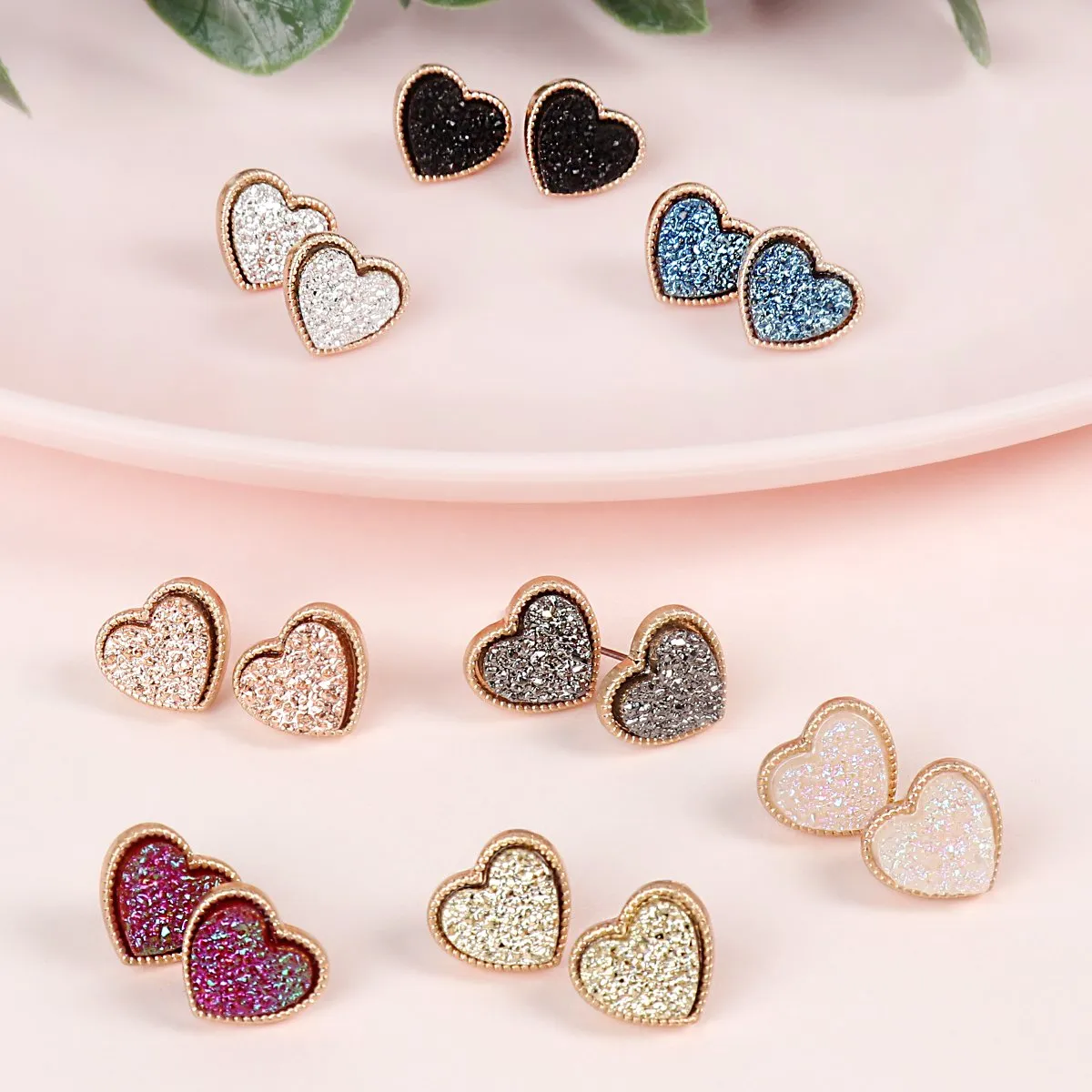 B4e2549 - Heart Shape Faux Druzy Post Earrings