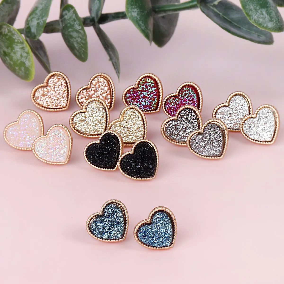 B4e2549 - Heart Shape Faux Druzy Post Earrings