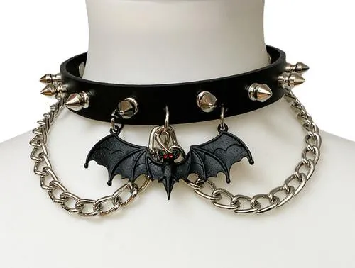 Black Leather Collar w/ Silver Spike Chains and Bat Detail