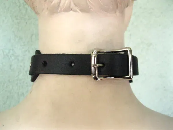 Black Leather Collar w/ XL 1 Silver Ring