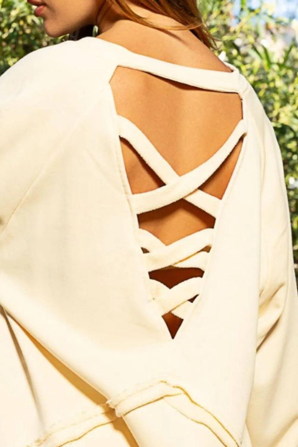 Cream Back Cross Strap Detail Balloon Sleeve Sweatshirt