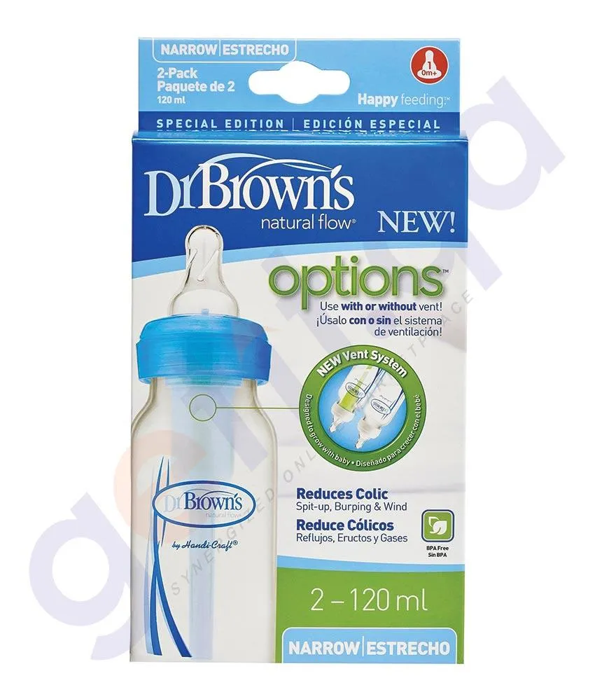 DR BROWN NARROW NECK OPTIONS BOTTLE -2 PC BLUE- SB42405-ESX 4OZ/120ML