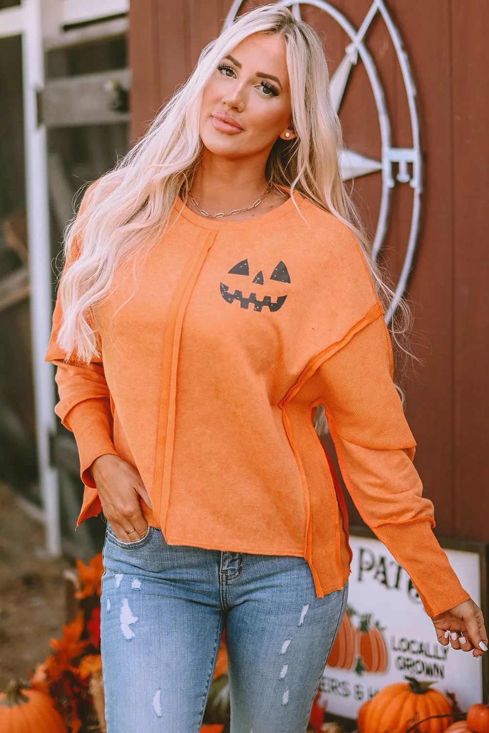 Halloween Pumpkin Face Patchwork Sweatshirt