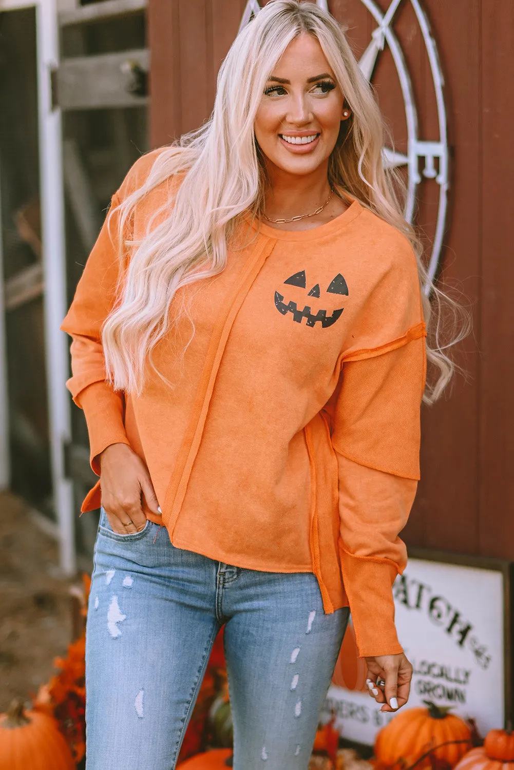 Halloween Pumpkin Face Patchwork Sweatshirt