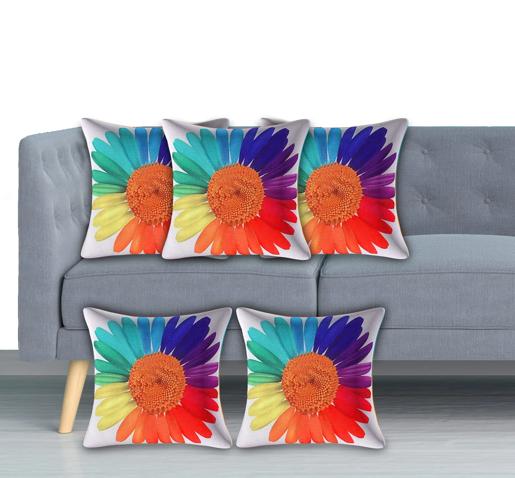 Heart Home Rainbow Sun Print Soft Decorative Square Cushion Cover, Cushion Covers, Cushion Case for Sofa Couch Bed 16x16 Inch- Pack of 5 (White)