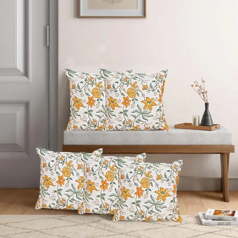 Ijya Floral Cushion Cover (Yellow) - Set Of Five