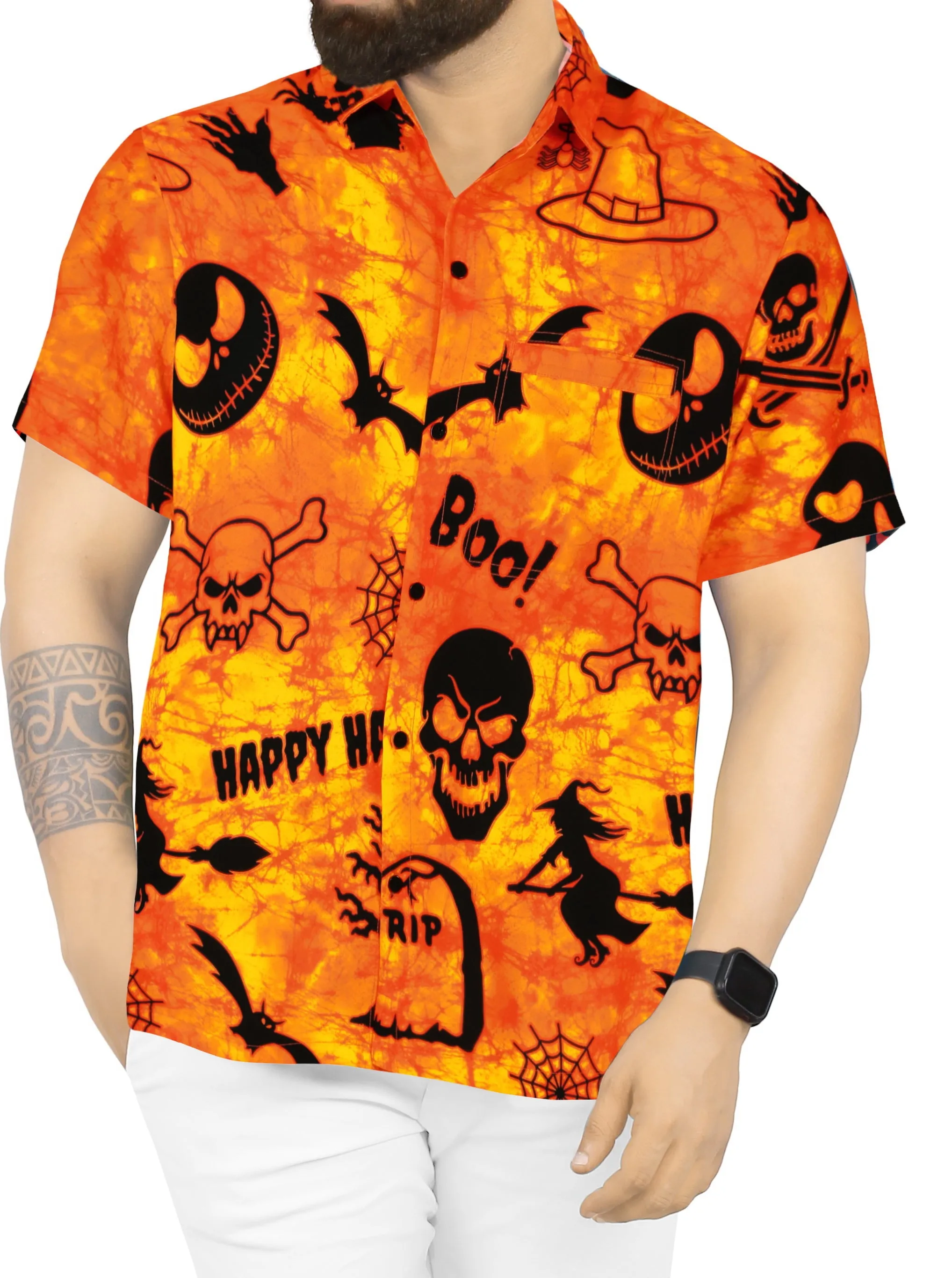 La Leela Halloween Men's Skull And BOO Printed Orange Shirt