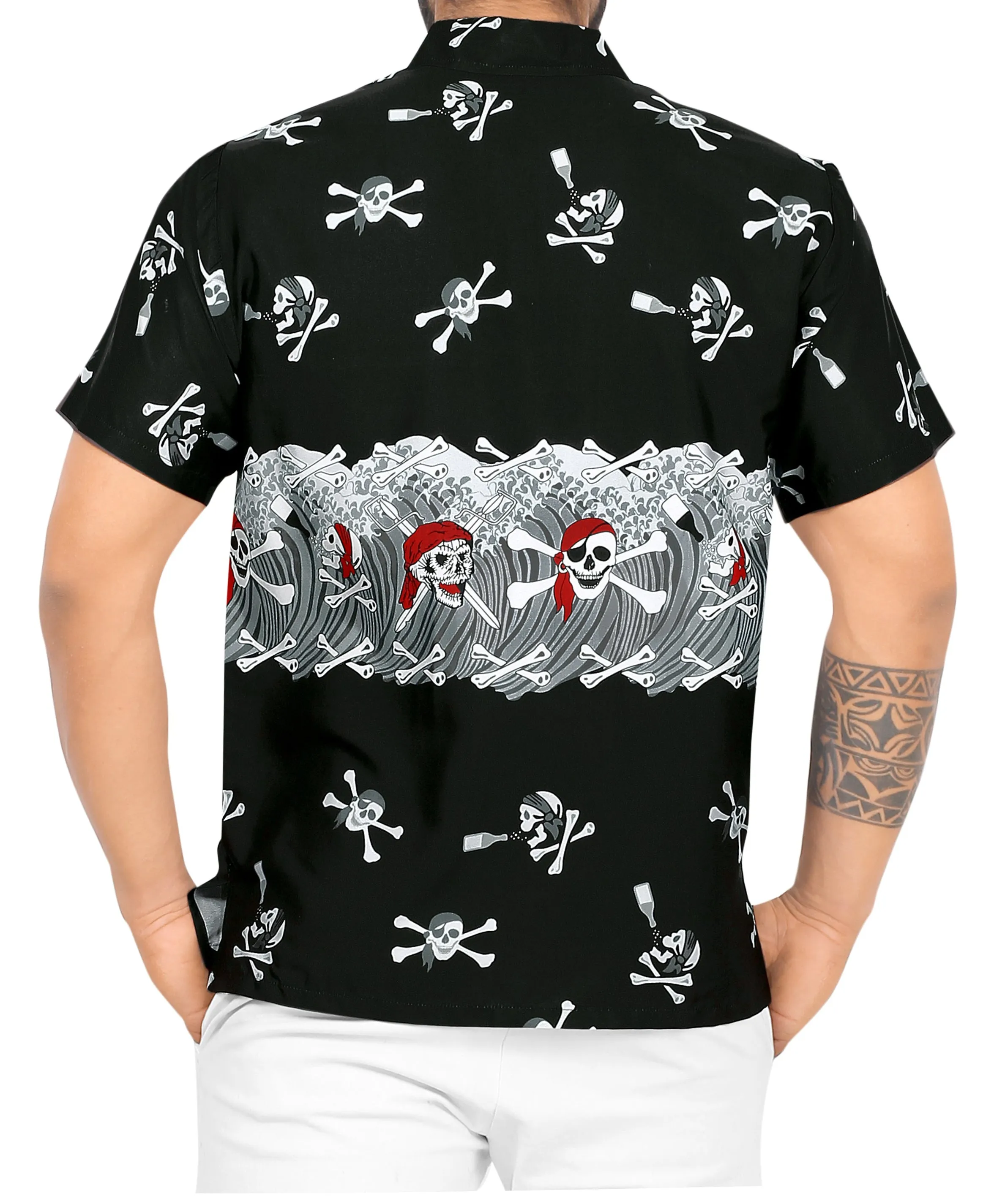 La Leela Men's Causal Halloween Skull Cross & Pirates Printed Black Shirt