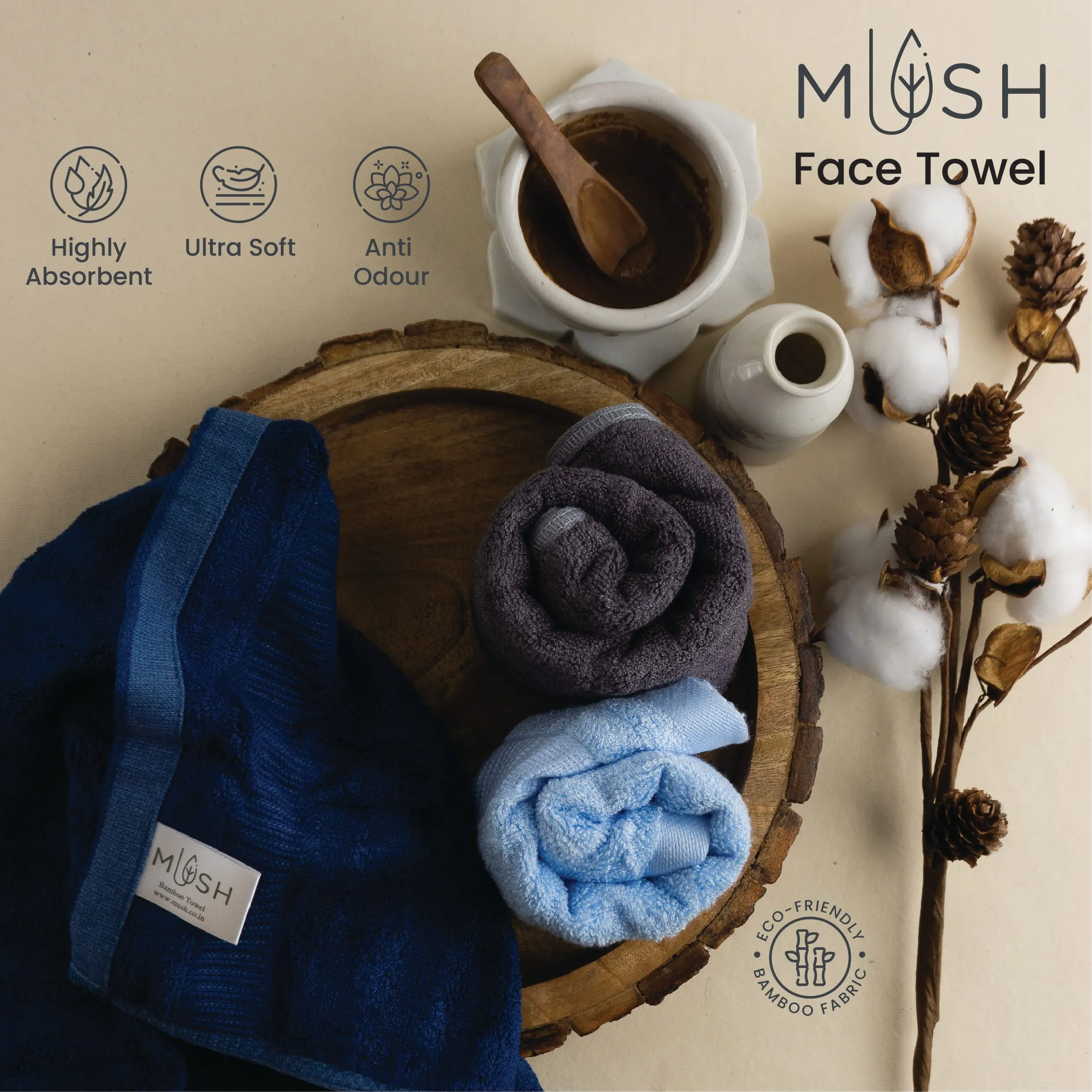 Mush 100% Bamboo Face Towel | Ultra Soft, Absorbent, & Quick Dry Towels for Facewash, Gym, Travel | Suitable for Sensitive Skin | 13 x 13 Inches | 500 GSM Pack of 3 -(Khakhi, Cream & Sky Blue)