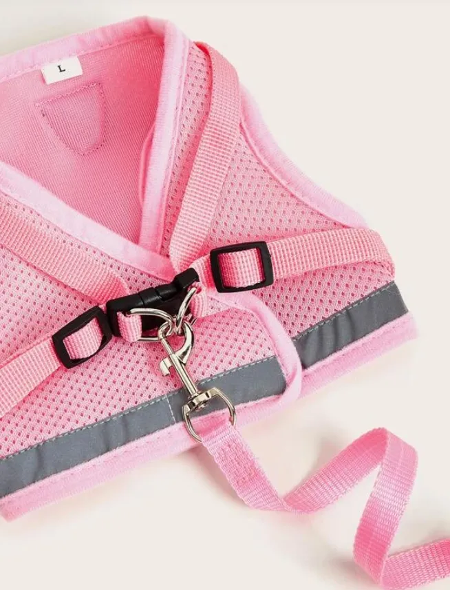 Pink Breathable Mesh Dog Harness & Leash Reflective Strip