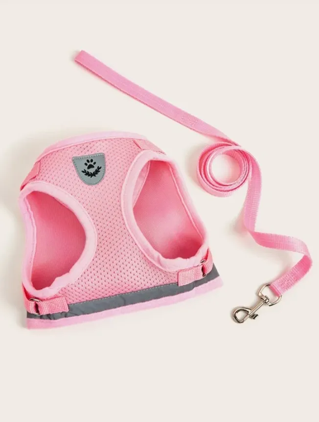 Pink Breathable Mesh Dog Harness & Leash Reflective Strip