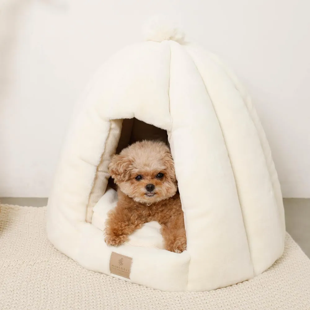 white fur dome bed with plush cushion