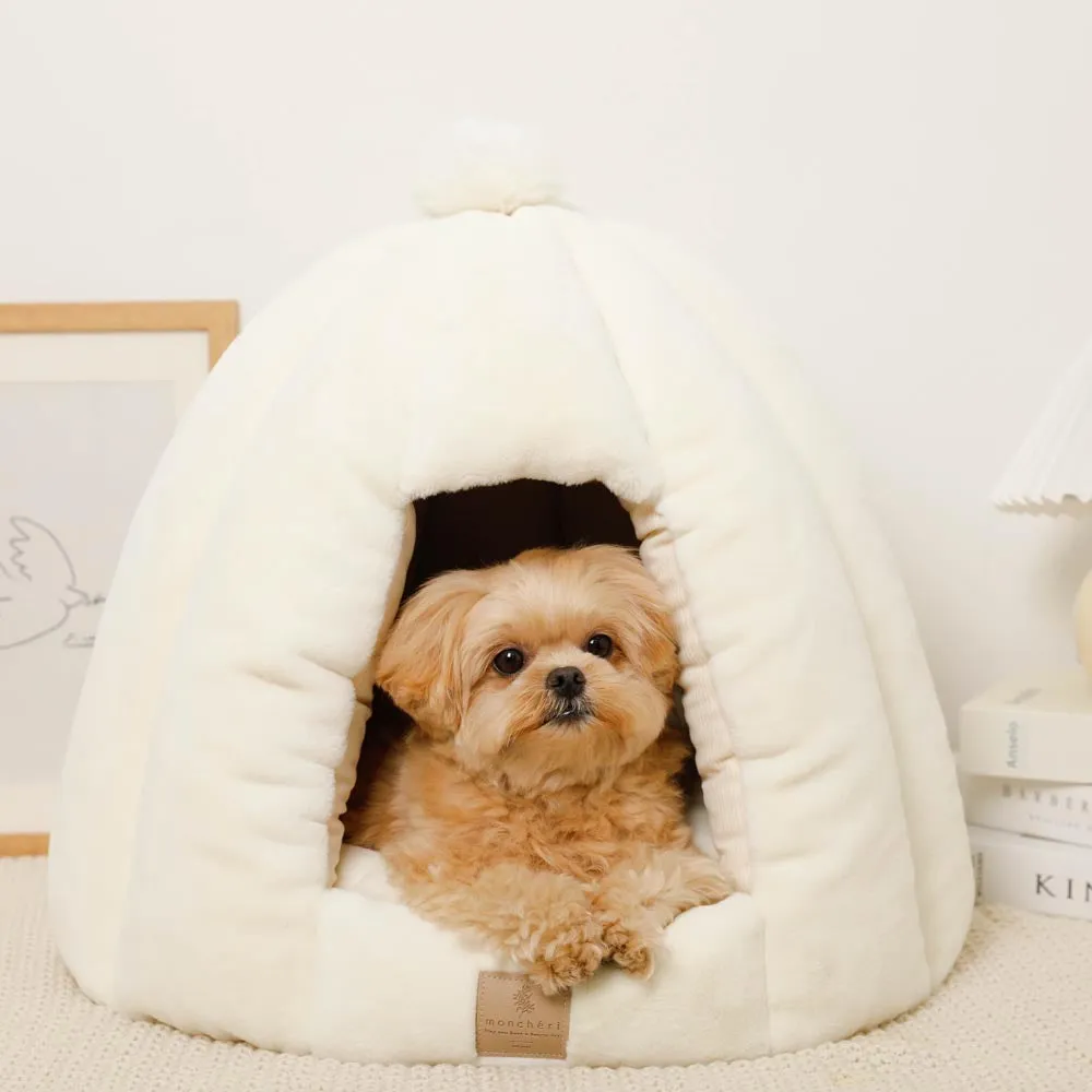 white fur dome bed with plush cushion