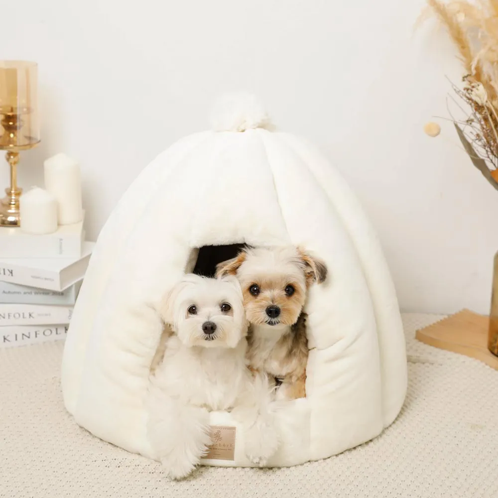 white fur dome bed with plush cushion