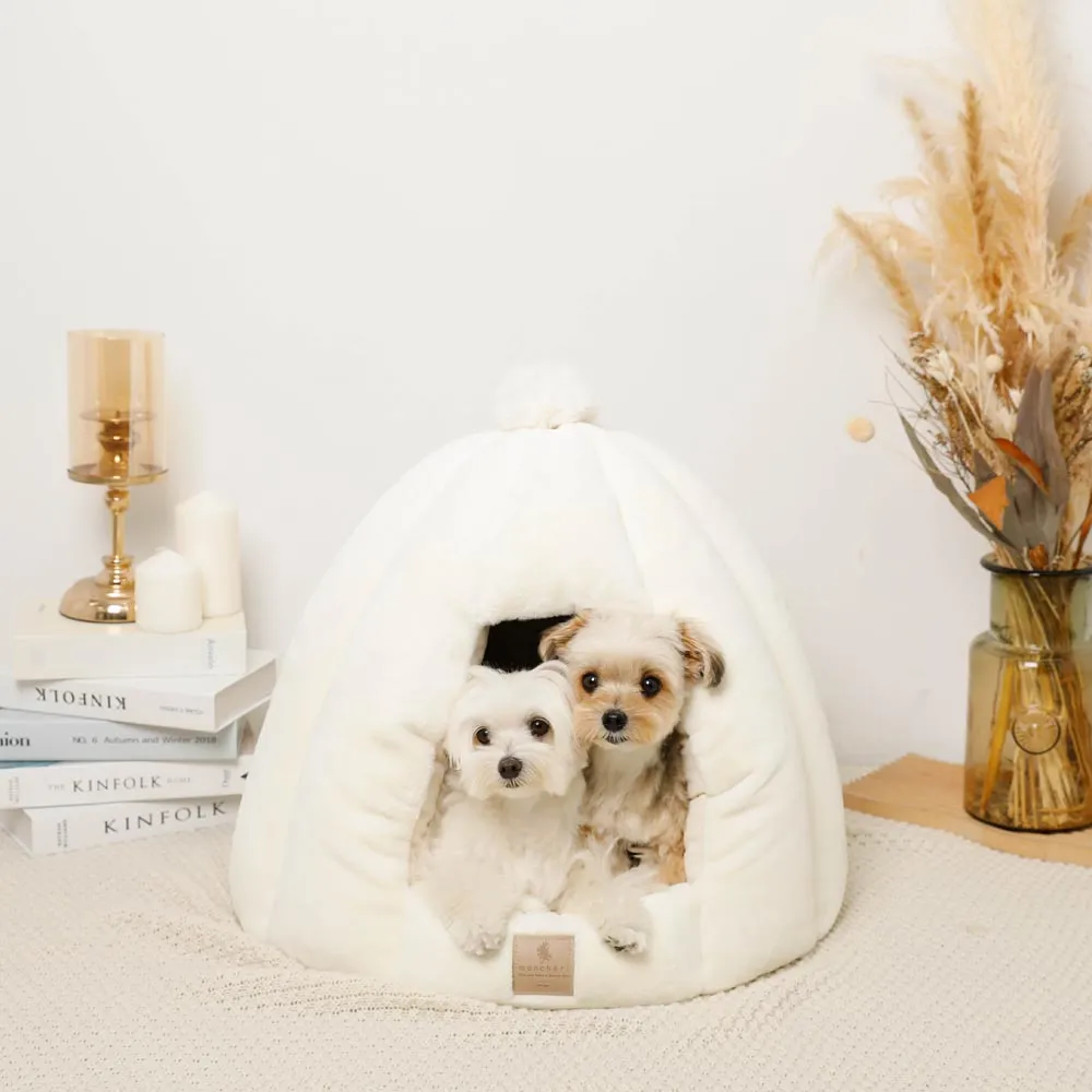 white fur dome bed with plush cushion