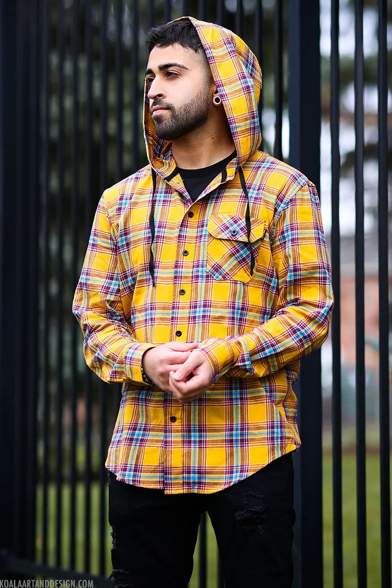 Yellow Plaid Button-Up Hoodie