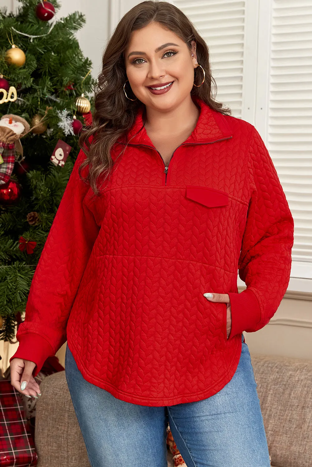 Zip Pocketed Plus Size Pullover