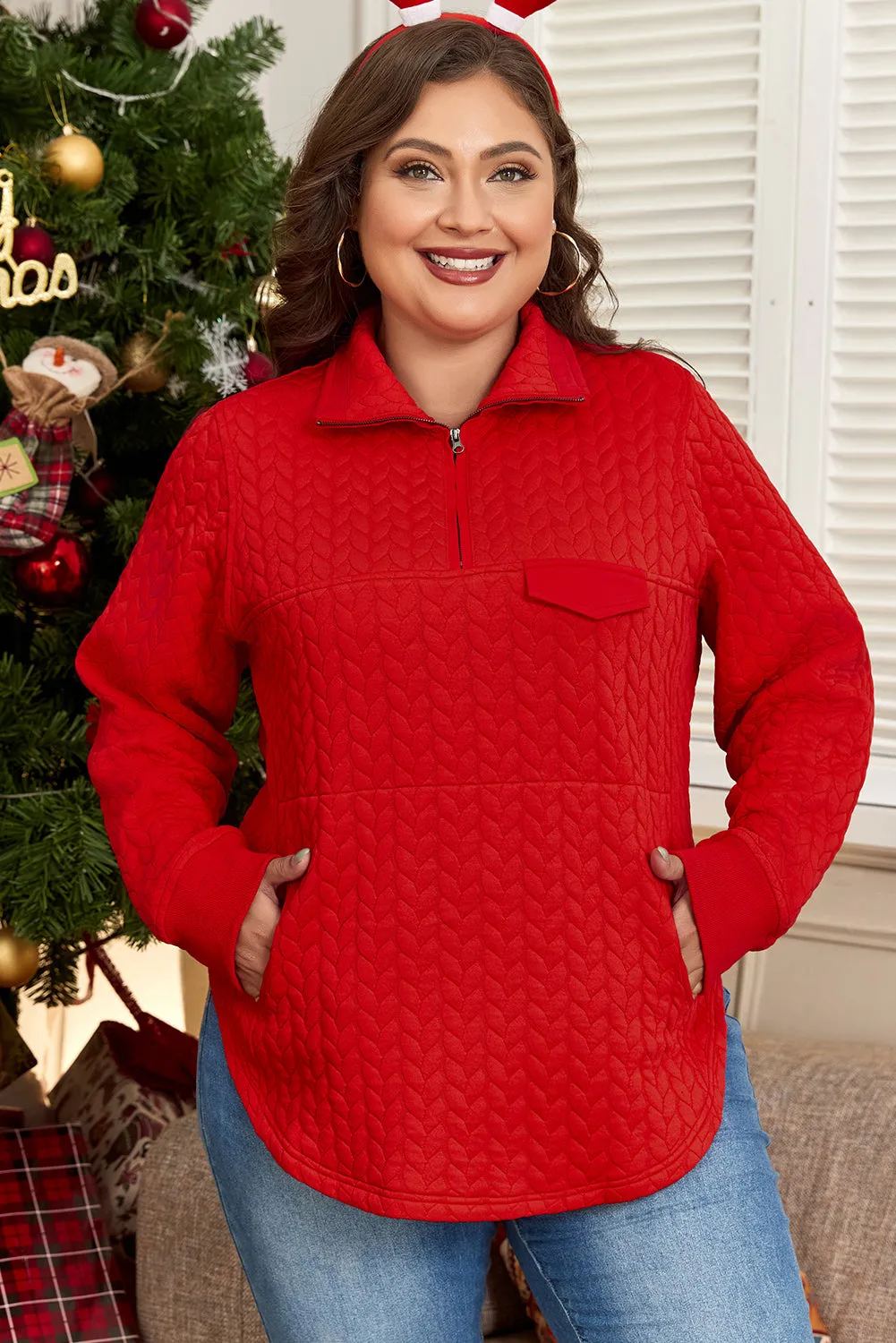 Zip Pocketed Plus Size Pullover