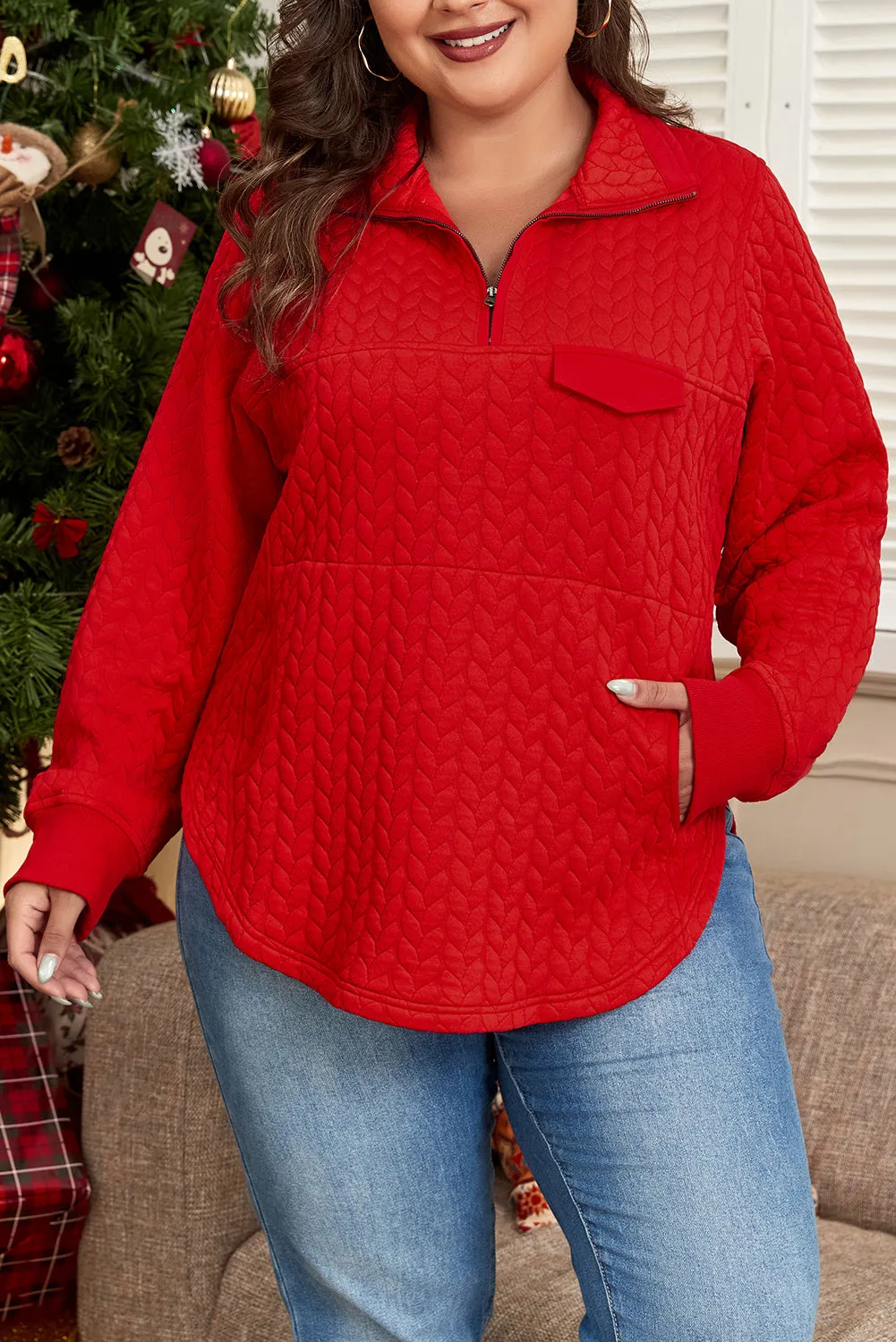 Zip Pocketed Plus Size Pullover